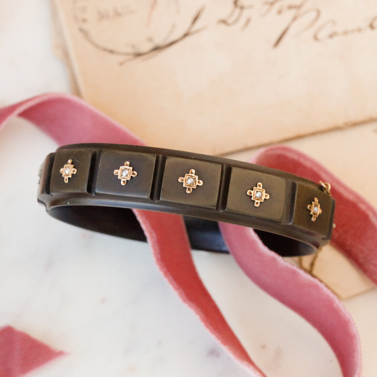Victorian Vulcanite Bangle with Gold and Pearl Accents