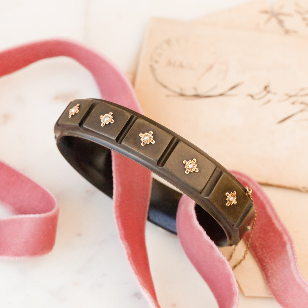 Victorian Vulcanite Bangle with Gold and Pearl Accents