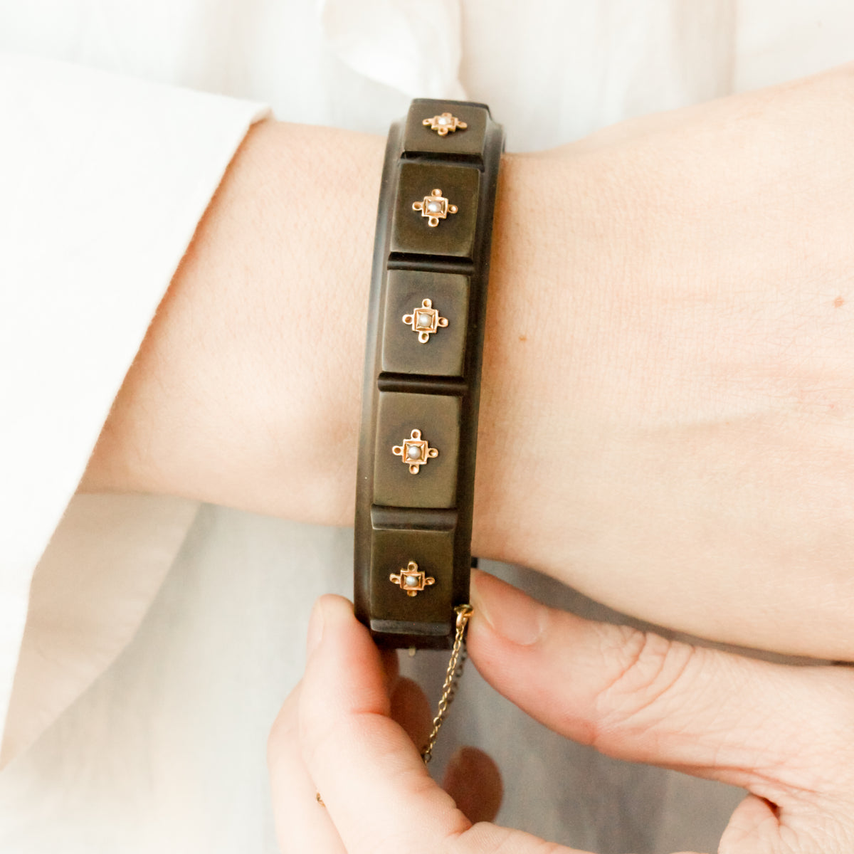 Victorian Vulcanite Bangle with Gold and Pearl Accents