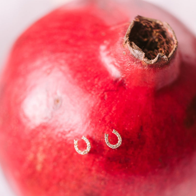 two gold and diamond horseshoe post earrings in the side of a pomegranate 