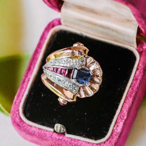 Allore Deco Sapphire + Ruby Statement Ring